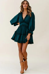 Laney Cutout Back Balloon Sleeve Dress Forest Green