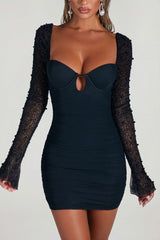 Embellished Long Sleeve Mini Dress in Black