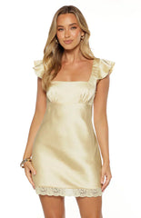 Dasha Yellow Satin Lace Trim Mini Dress