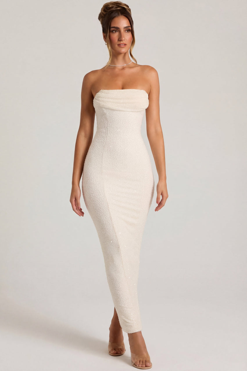 cowl neck midi dress white Embellished Bandeau Cowl Neck Maxi Dress in White – PetalBlis