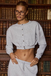 Premium Brushed Jersey Button-Up Cropped Cardigan in Grey Marl