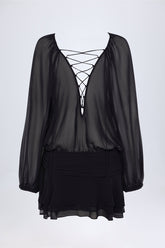 Lace-Up Balloon-Sleeve Mini Dress in Black