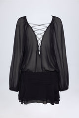 Lace-Up Balloon-Sleeve Mini Dress in Black