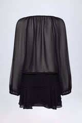Lace-Up Balloon-Sleeve Mini Dress in Black