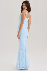 blue lace godet maxi dress