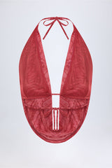 Cowl-Neck Backless Crop Top in Red Print