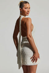 Embellished Scarf-Detail Halterneck Mini Dress in White