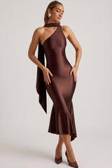 Asymmetric Scarf-Detail Midaxi Dress in Chocolate Brown