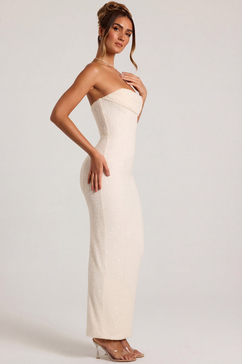 embellished bandeau cowl neck midi dress Embellished Bandeau Cowl Neck Maxi Dress in Beige