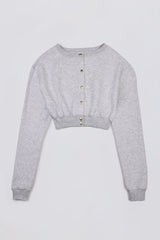 Premium Brushed Jersey Button-Up Cropped Cardigan in Grey Marl