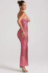 Embellished Strapless Bandeau Maxi Dress in Watermelon
