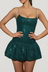 Embellished Bubble Hem Mini Dress in Teal Green