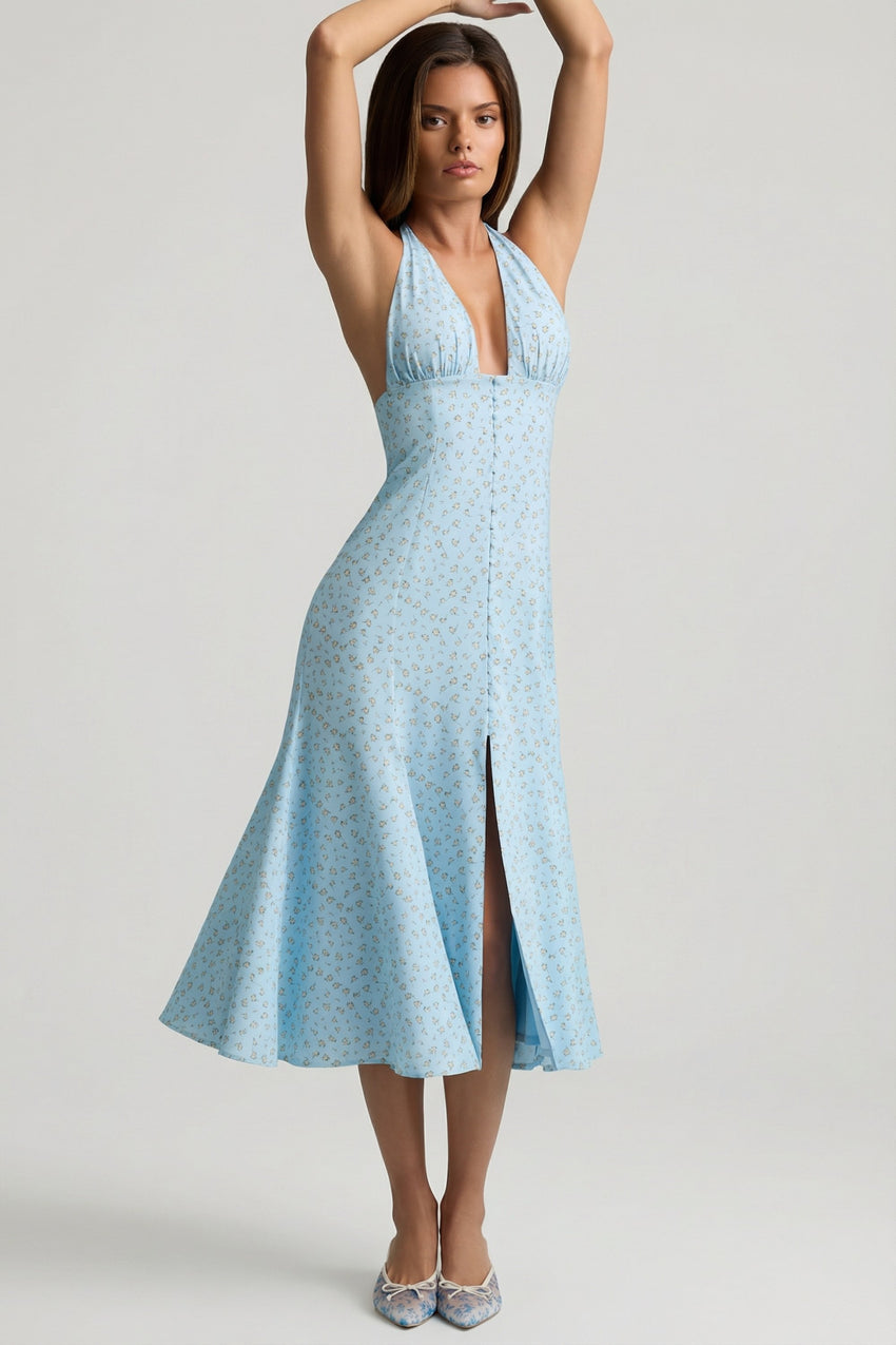 Halterneck Midaxi Dress in Blue Flower Print