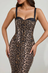 Layered Bra-Detail Fishtail Midaxi Dress in Leopard Print